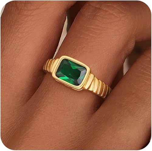 Anillos de oro con piedra natal para mujer, no se deslustra, vintage, gruesos, esmeralda, chapados en oro de 14 quilates, con circonita cúbica,