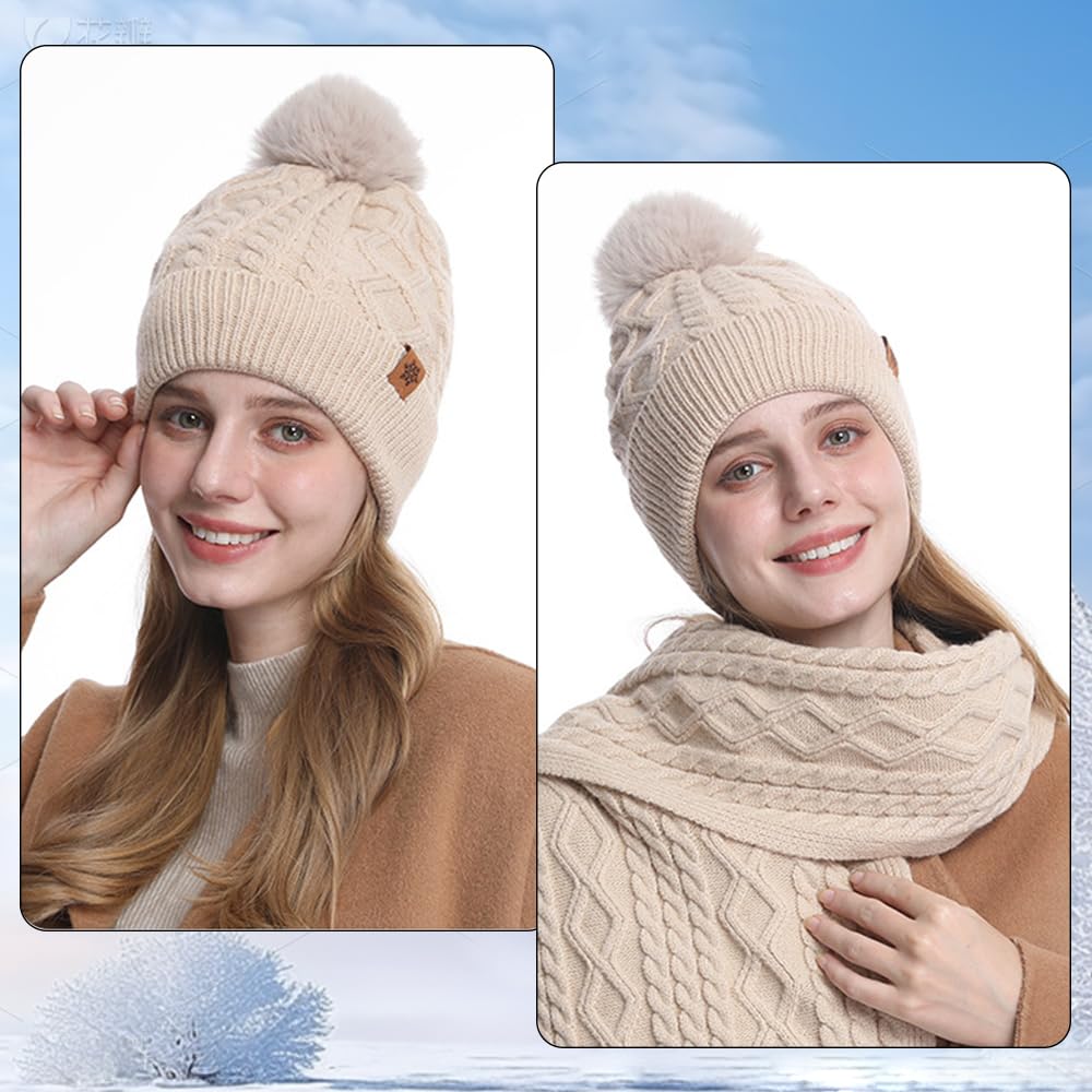 Oneshlee Bonnet d'hiver - Gants tactiles et écharpe longue - Pour femme - Avec balle en peluche - Chaud - Gants tricotés - Écharpe - 3 en 1 - Cadeau pour femme