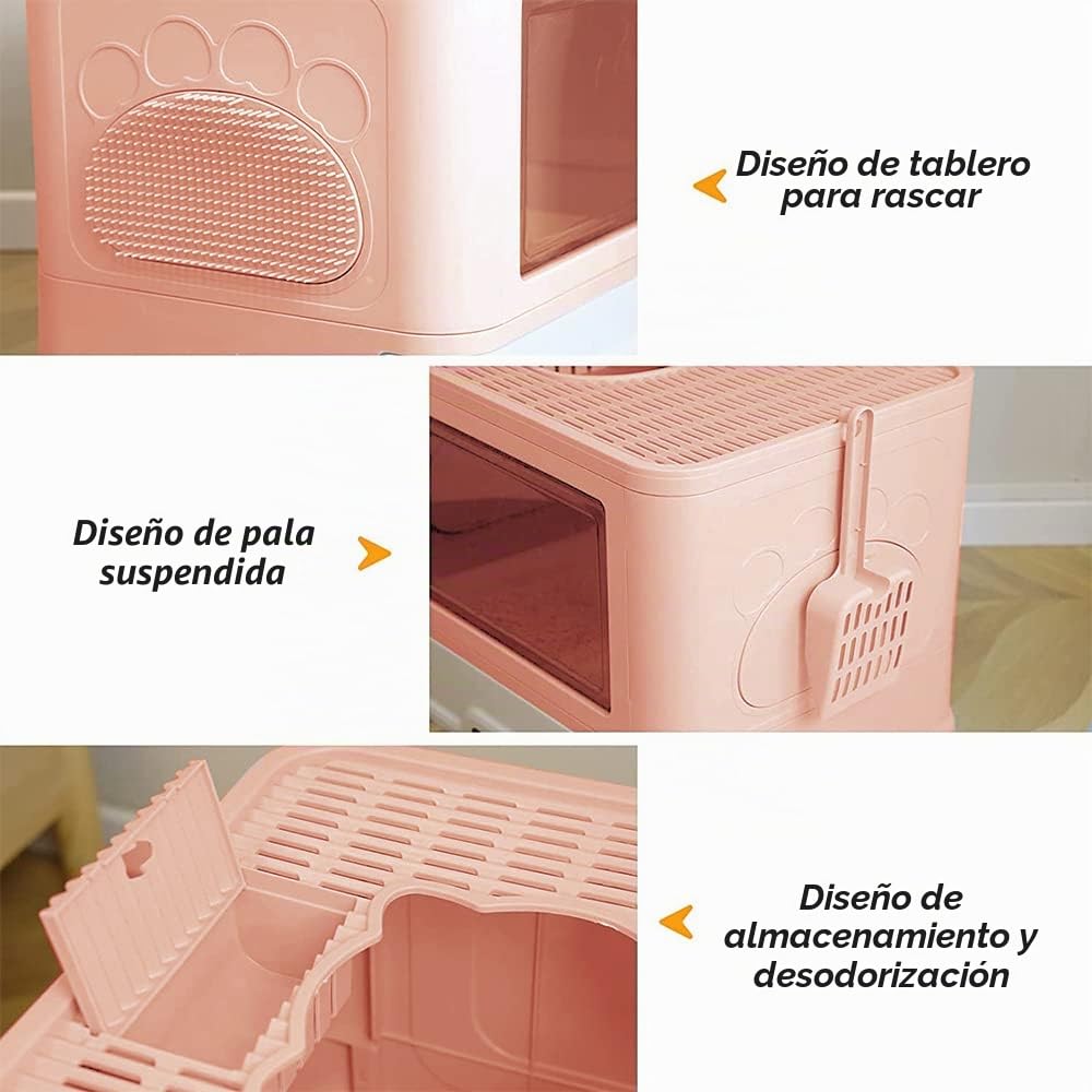 Arenero Gatos Cubierto con Cajon,Arenero para Gatos Grande XXL Cerrado Caja de Arena Plegable Cagadero Gato sin Olores con Cepillo de Masajeador Pala y Filtro48,5 * 36,5 * 38 cm - Rosa