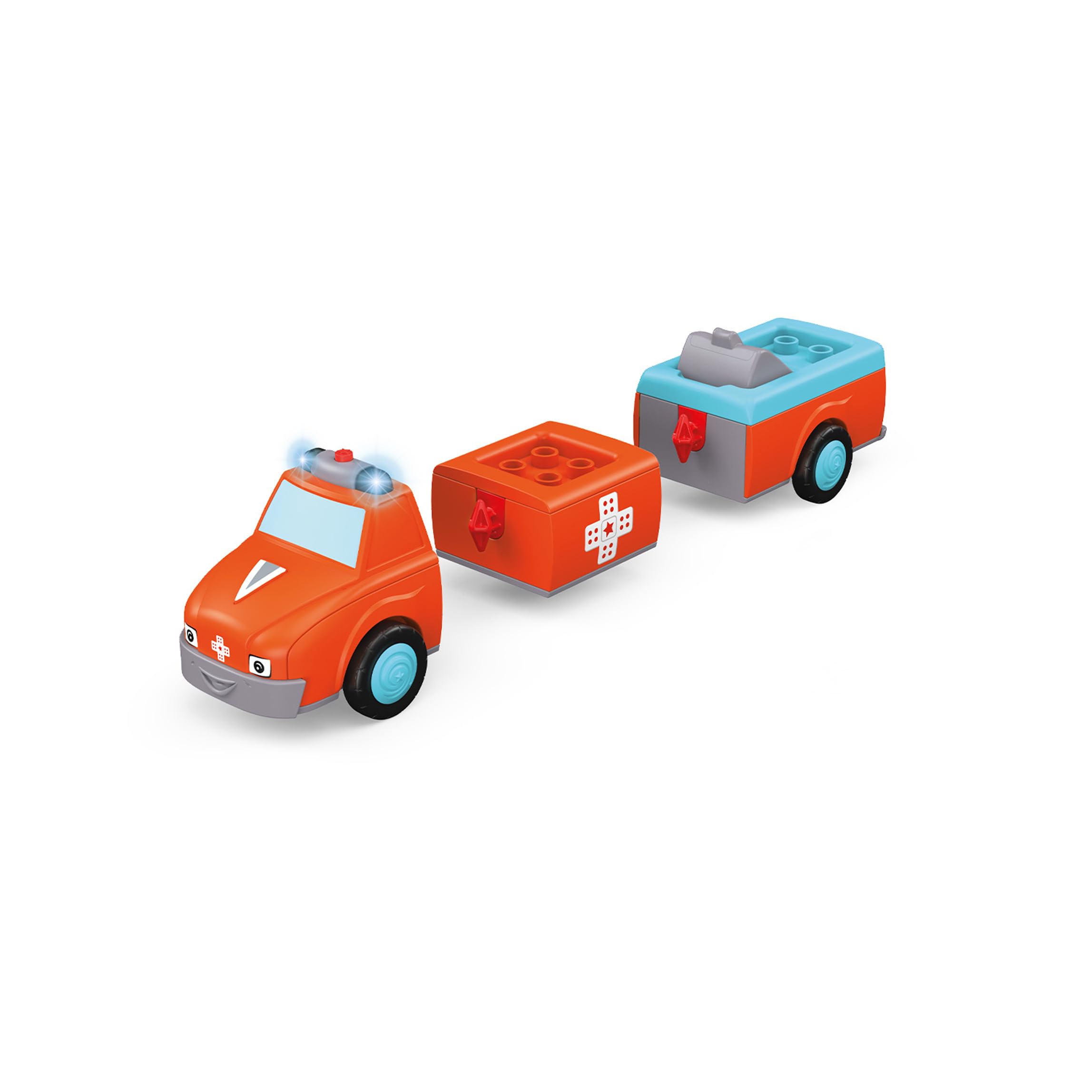 0145, Anna Amby, Ambulance composée de 3 pièces avec Son et Lumière, Peut être assemblée, Comprend une figurine mobile, Moteur à volant de haute qualité, Orange/bleu cile, dès 12 mois