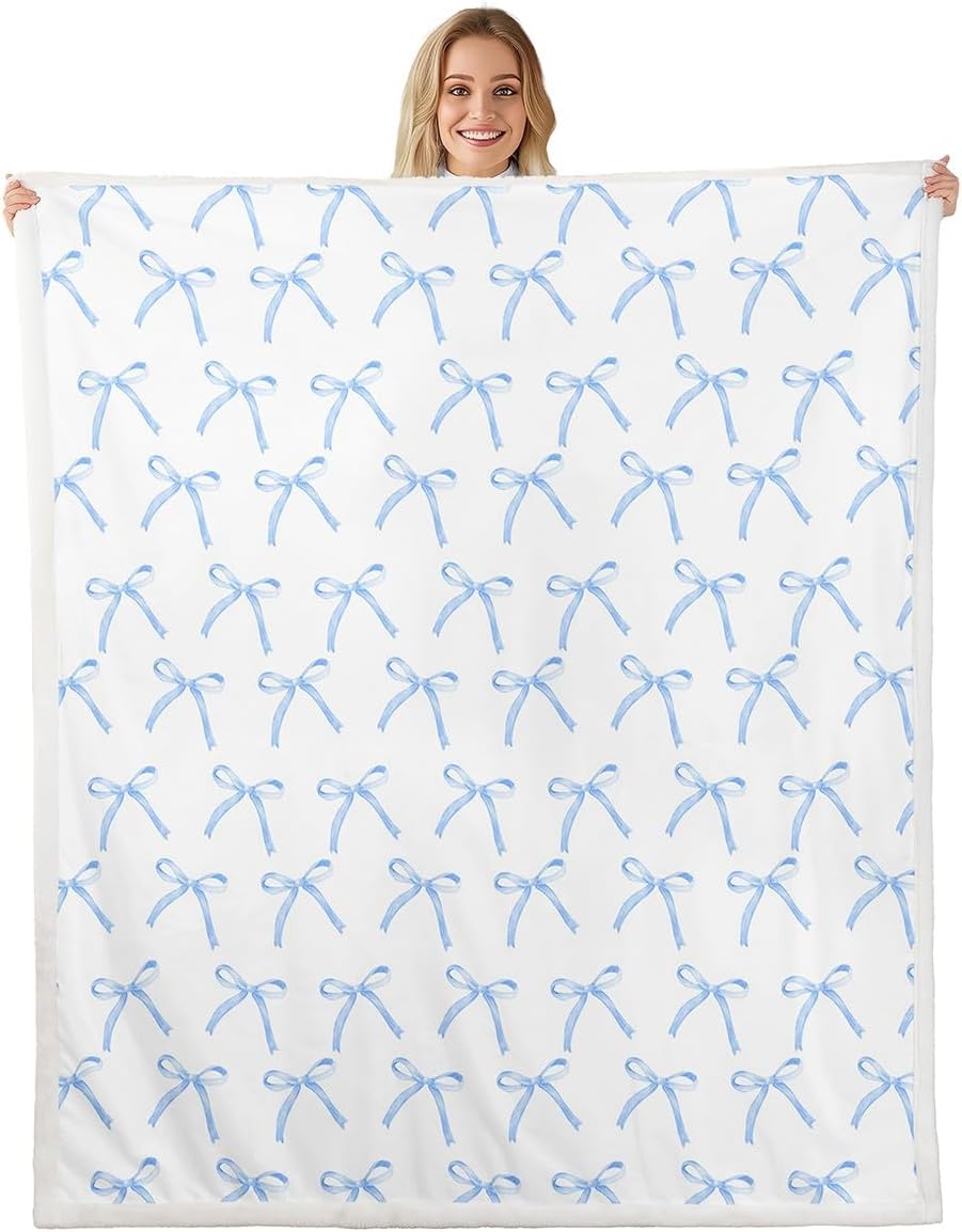 Cartoon Bowknot Kids Throw Blanket,Bow Tie Knot Geometric Patchwork Fashion Bed Blanket for Girls Women,Hand-Painted Sketch Fleece Blanket,Blue Noble Fuzzy Blanket,Throw Size (50 x 60 Inches)