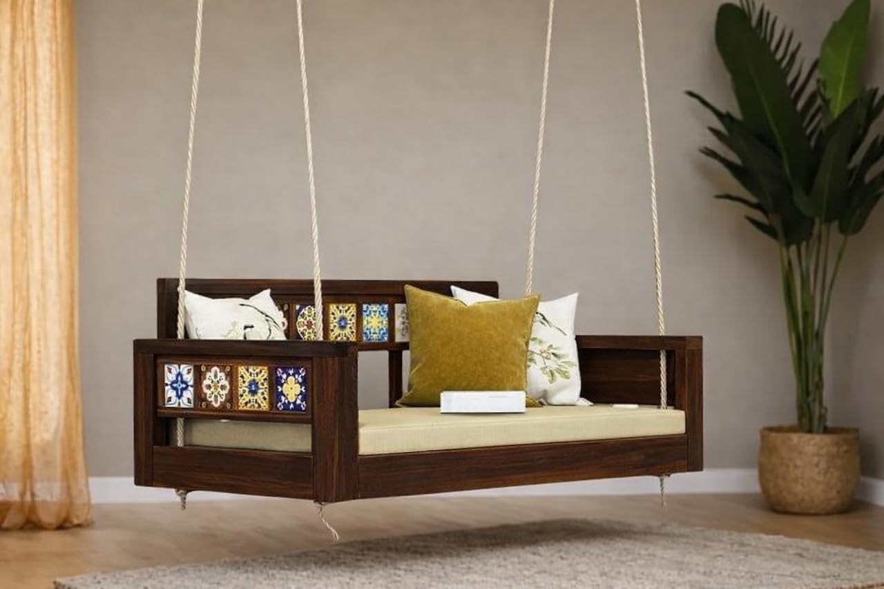 Wooden Swing for Balcony | House Swings for Living Room | Hammock Swing Sofa with Rope & Complete Accessories for Indoor, Outdoor & Garden | Sheesham Wood, Walnut Finish-image-14