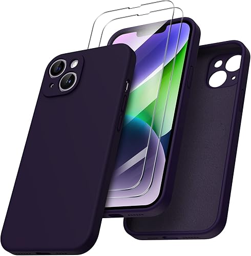 ORNARTO Funda diseñada para iPhone 14 Plus con protector de pantalla 2 unidades, funda de goma de gel de silicona líquida cuerpo completo a prueba