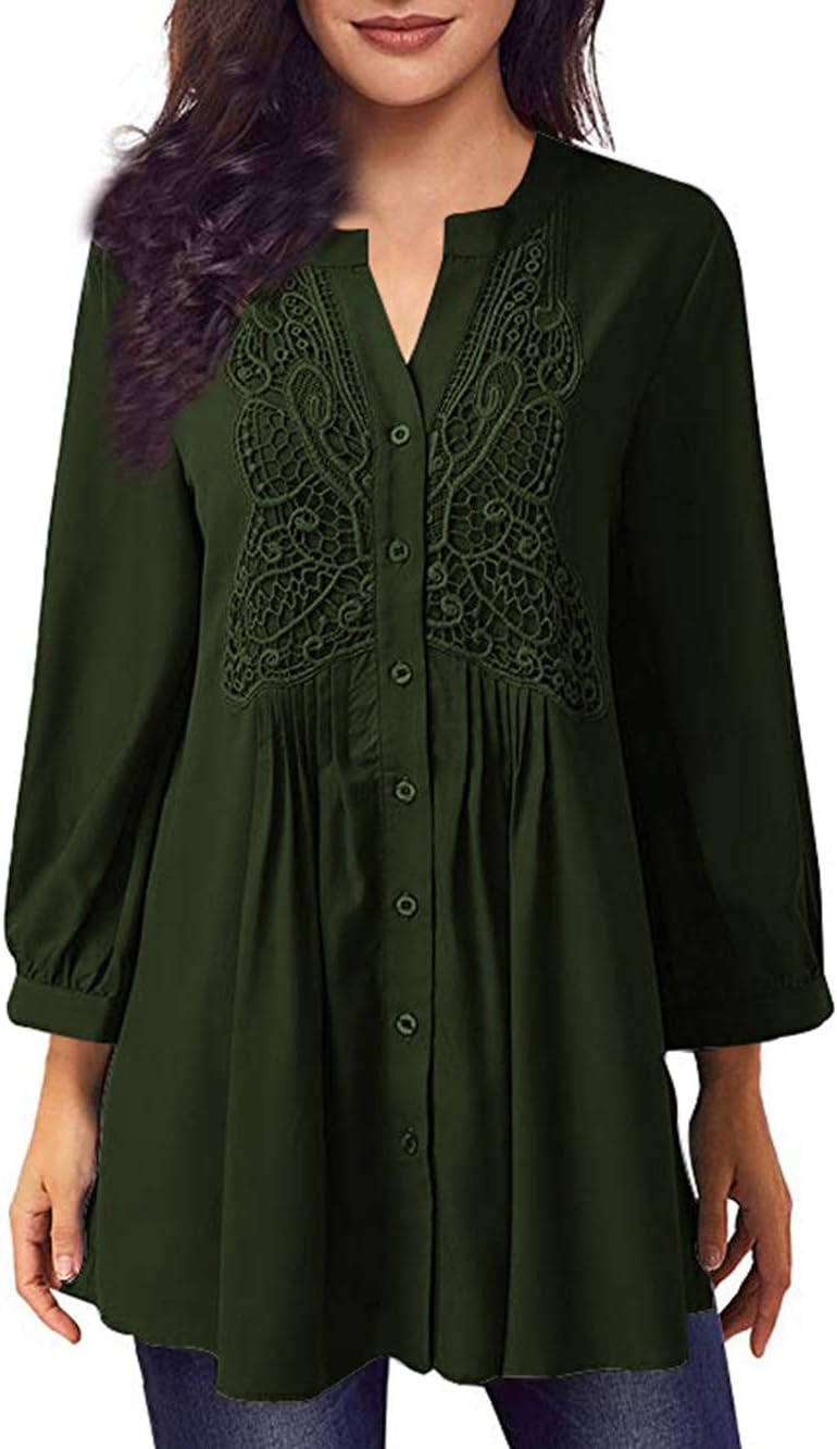 Women Long Sleeve Notch Neck Pleated Button Down Tunic Blouse Plus Size T-Shirt