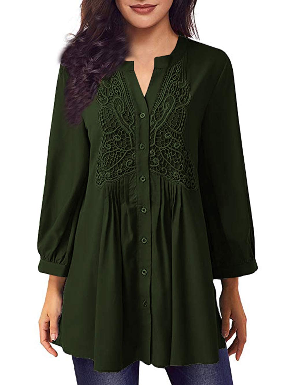 Women Long Sleeve Notch Neck Pleated Button Down Tunic Blouse Plus Size T-Shirt