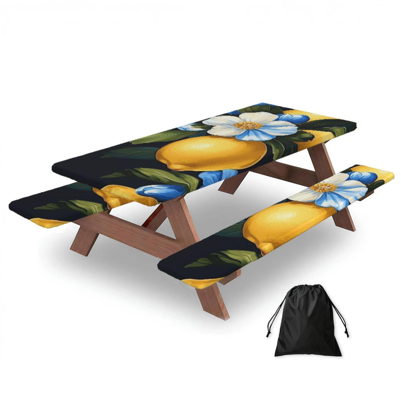Mantel ajustable impermeable de 72 pulgadas con fundas de banco y diseño floral amarillo