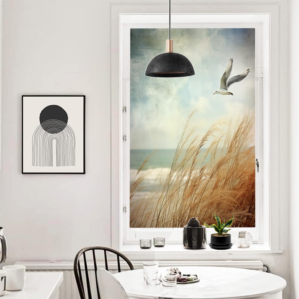 Zeitgenössische Sichtschutzfolie mit Möwe, wildes Grasland, Küste, Seevögel, Milchglas, Fensterfolie, dekorativ, statisch haftend für Glas für Zuhause, 90 x 140 cm