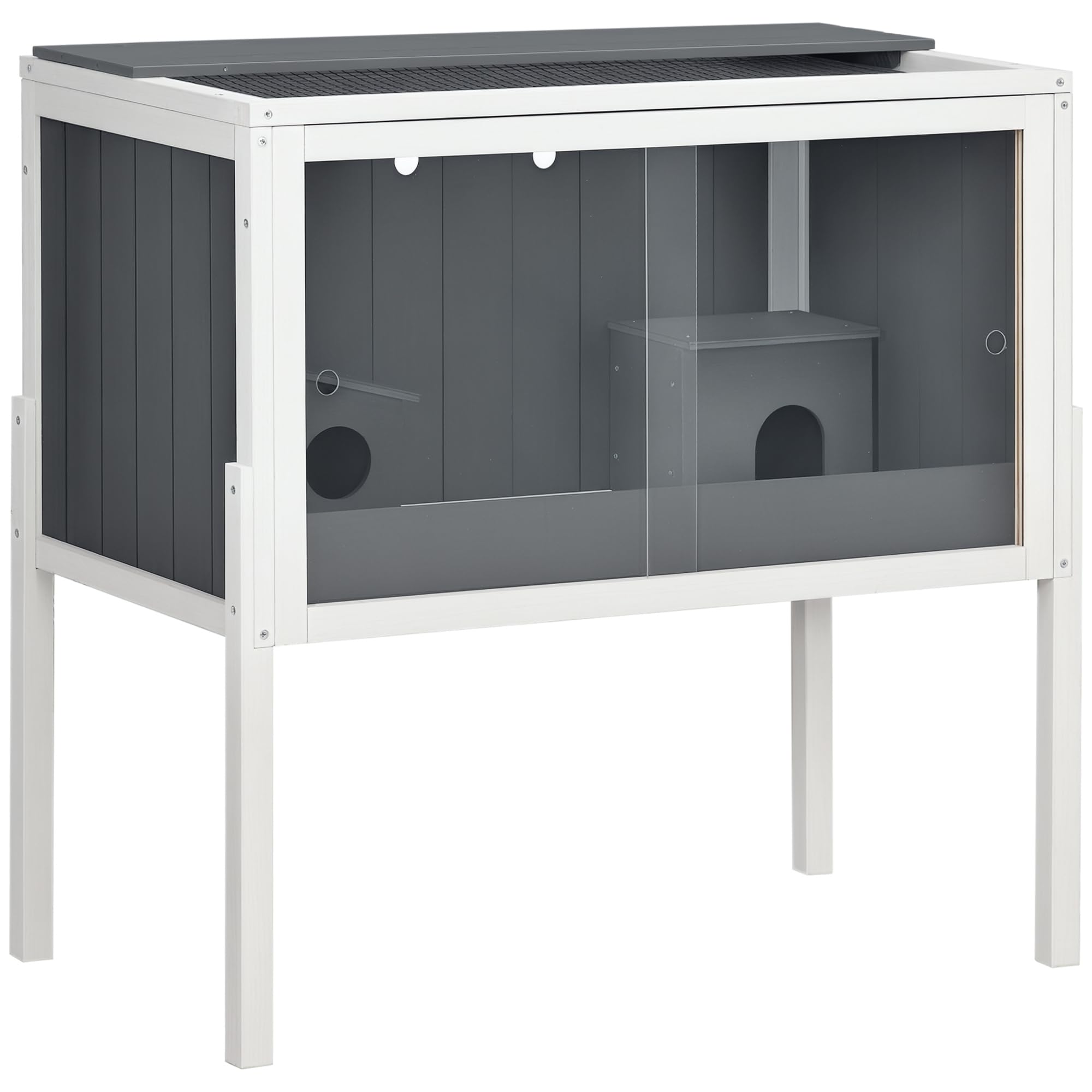 PawHut Jaula para Hámster de Madera 82x45x81 cm Casa para Roedores con Estante Desmontable 2 Puertas de Acrílico 2 Casitas para Animales Pequeños Gris Oscuro