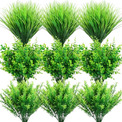 BHFOW 18 mazzi di erba artificiale, piante artificiali, resistenti ai raggi UV, per interni ed esterni, erba artificiale con legno di boxe e rosmarino