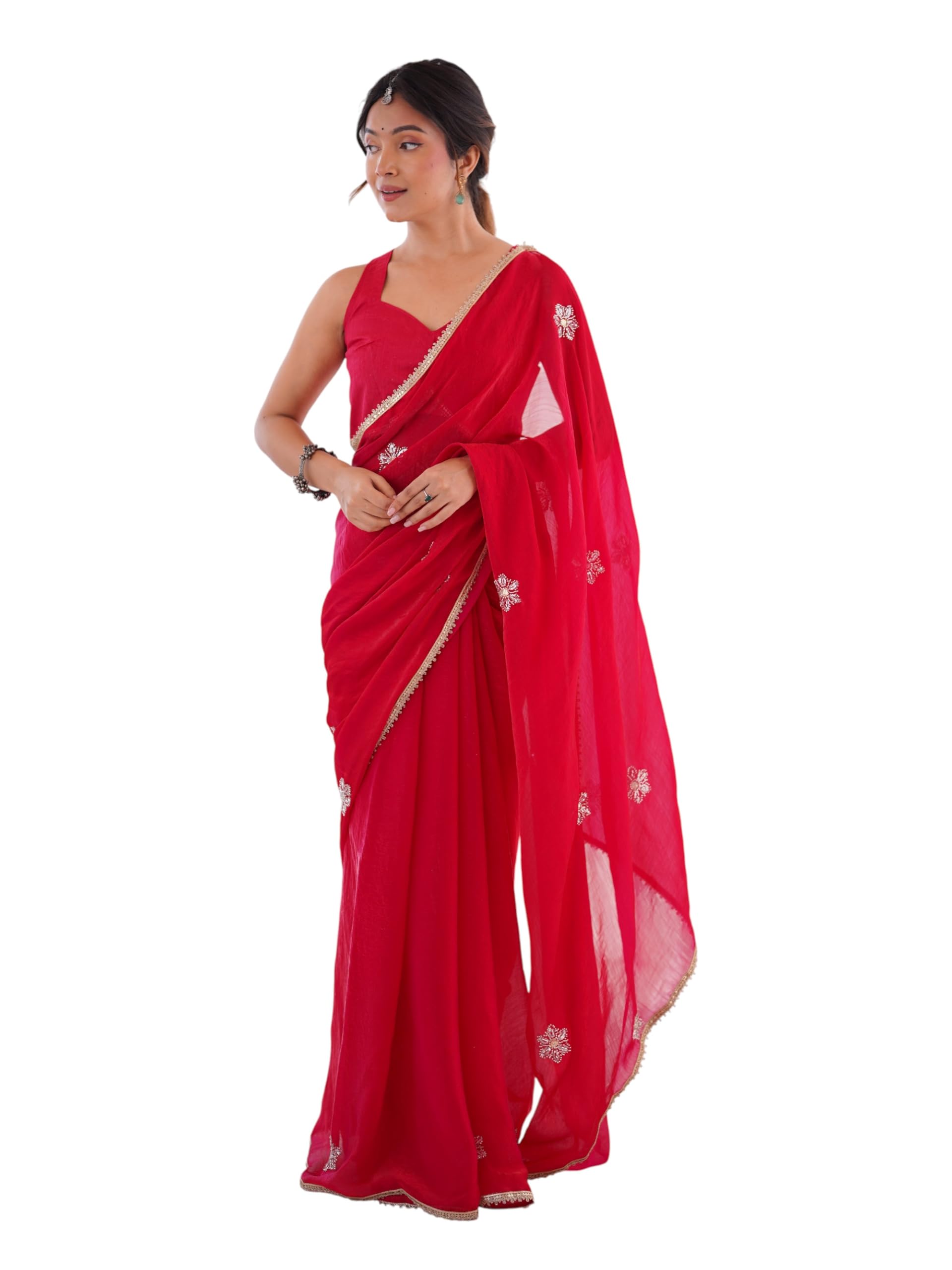 Heavy Smooth Fandy Fabric Designer Beads & Val Zig-Zag Sequin Embroidery Base Flower Work Saree with Mono Banglori Unstitched Blouse Piece-image-3