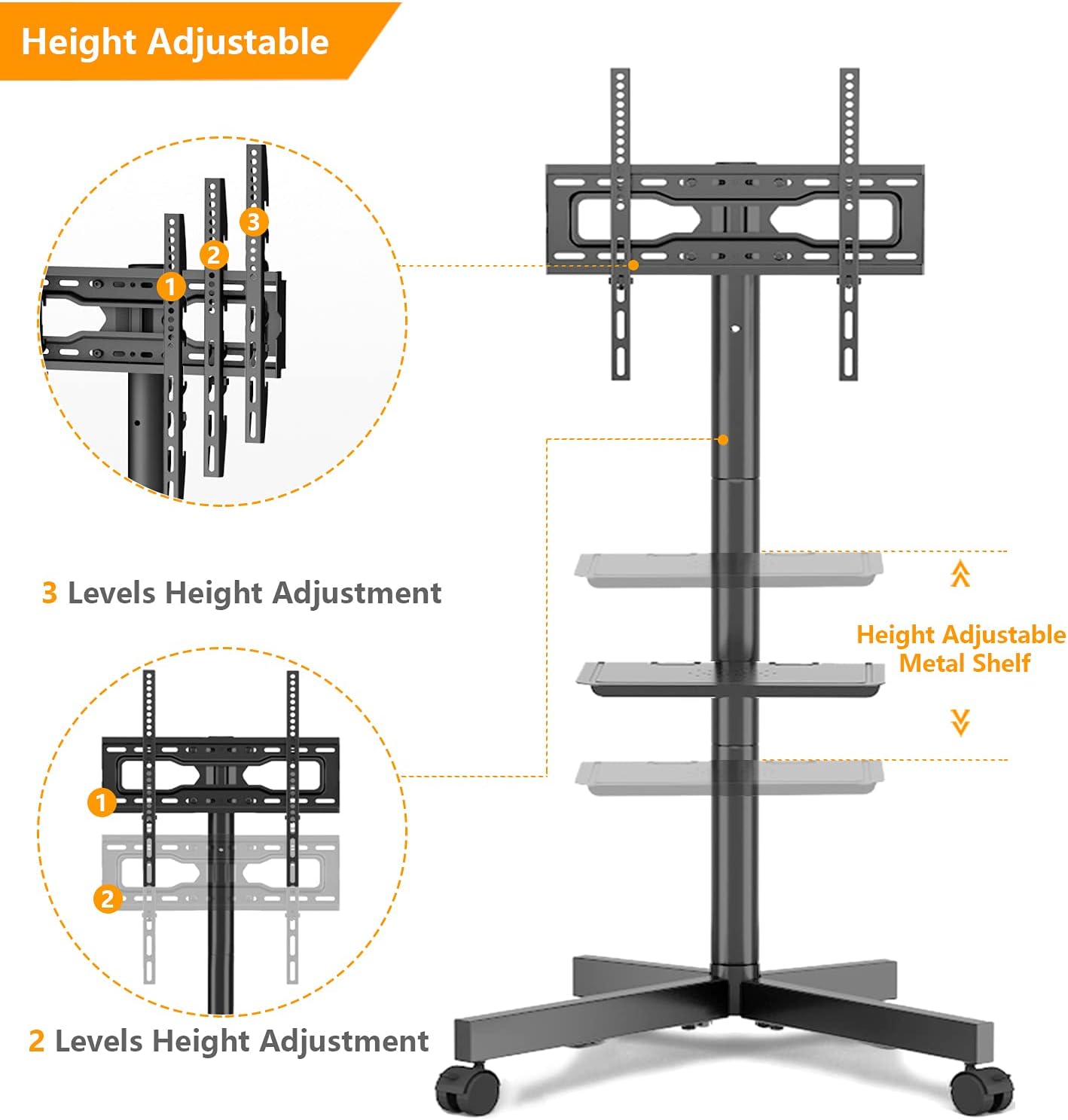 5Rcom Mobile TV Cart with Wheels for 23"-55" LCD LED Flat/Curved Screen TVs with Max VESA 400x400mm, Adjustable Rolling Portable Floor Stand Trolley Holds up to 88lbs : Office Products