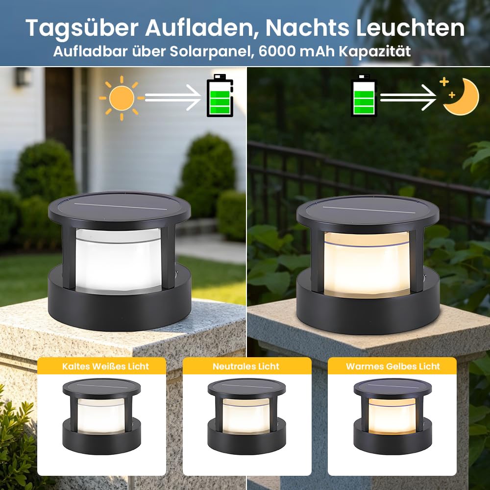 Sockelleuchte Außen Solar, Solar Pfostenleuchte mit Bewegungserkennung & Fernbedienung, φ16CM Außen Sol-ar Pollerleuchte, Wetterfeste LED Pollerleuchte für Gartenwege, Schwarz