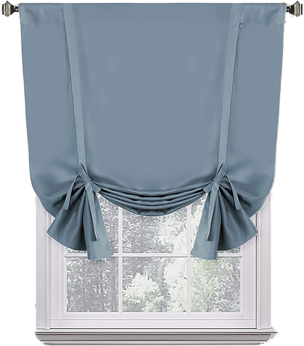 Thermal Insulated Blackout Curtain Adjustable Tie Up Shade with Rod Pocket Panel Window Drapes Curtain Valances for Kitchen, Bathroom, Basement 42" W x 63" H/2 Panels Grey Blue