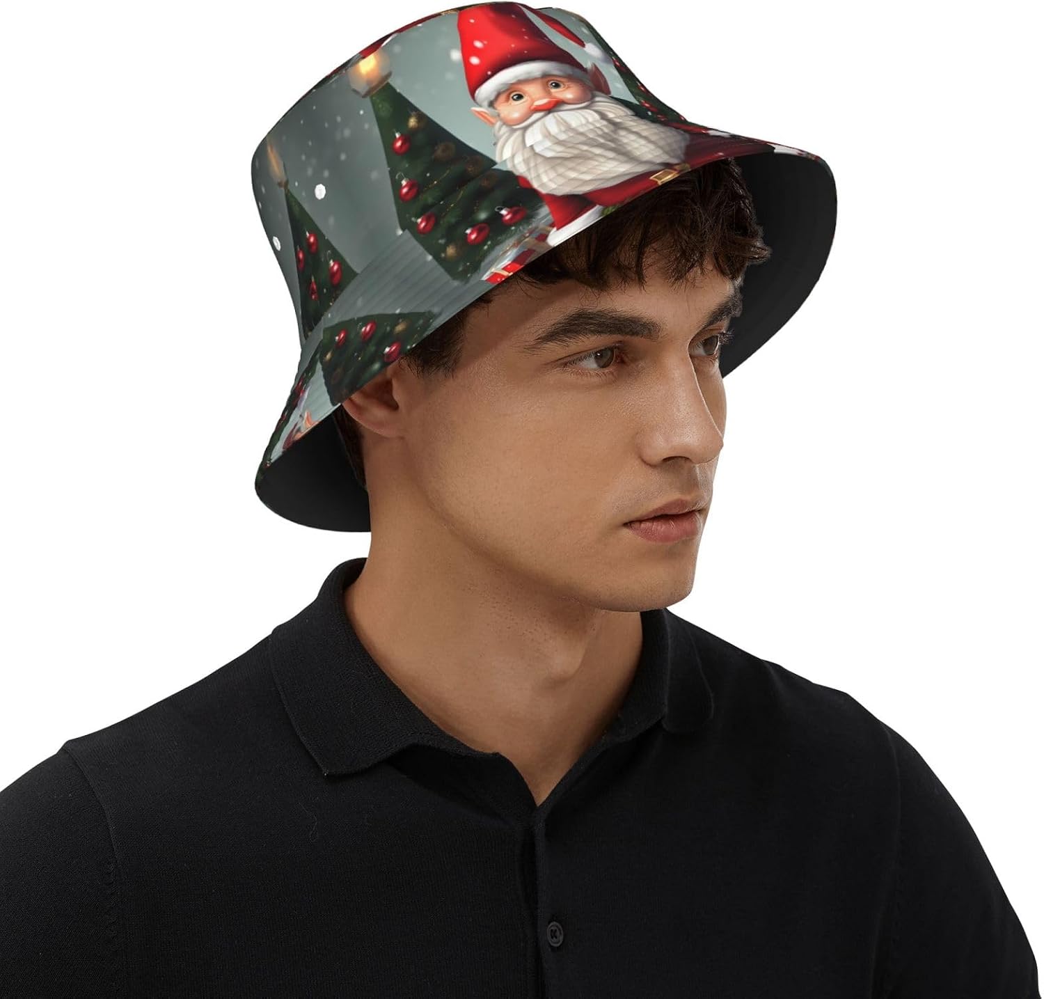 Christmas Traditional Gnome Print Winter Bucket Hat Packable Unisex Sun Hat Summer Travel Beach Fishing Cap for Men Women Black