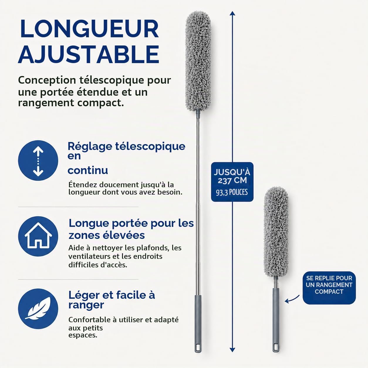 Plumeau Télescopique Gris - 1 Pièce - Balai Poussière Extensible Jusqu'à 237 Cm avec Tête - Analyse des détails et conception