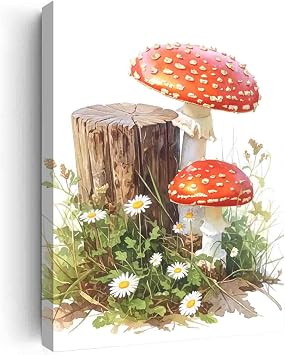 Amanita Muscaria art Watercolor painting,floral wall decorations,pretty canvas wall art for Living Room Wooden Framed 12"x16" canvas print with frame