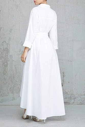 Miniatura 3 de VERWIN Vestido largo de manga larga para mujer holgado elegante con botones con bolsillos y cinturones Azul