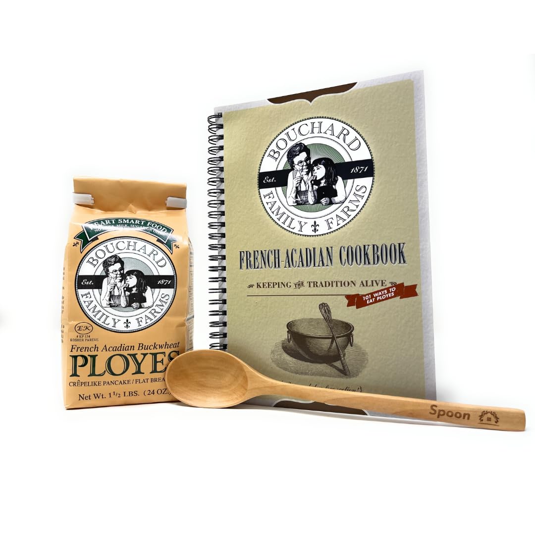Buckwheat Pancake Mix Ployes Mix Bundle - Bouchard Family Farms French Acadian Ployes Vegan Pancake Waffle Crepe Mix 24 oz with Traditional French Acadian Cookbook Kitchen Wooden Spoon for Cooking