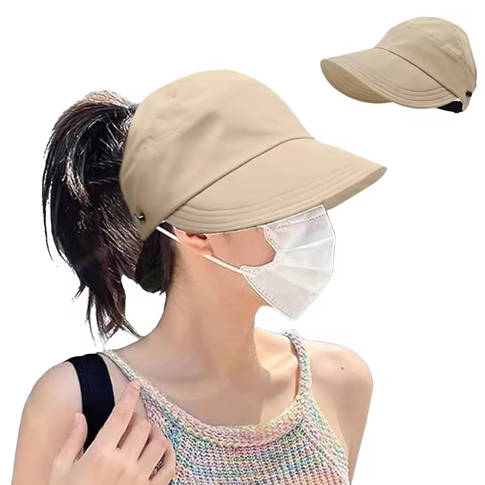 Adjustable Outdoor Bucket Hat, Summer Essentials Ponytail Hats for Women, Tranquilm Breathable Hollow Top Sun Hats Wide(Khaki)