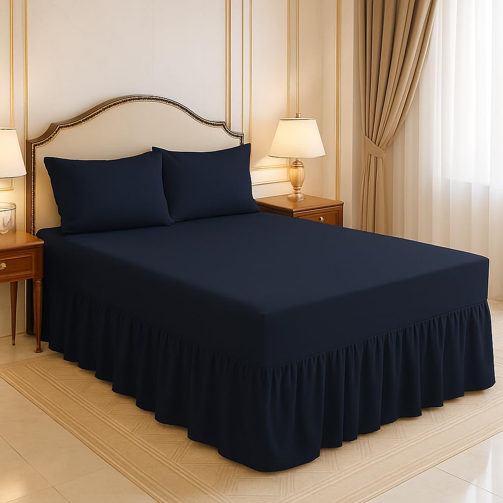 Arlinens Navy Blue Frilled Valance Sheets For Super King Bed Extra Deep Plain Dyed Polycotton Sheet (. 180 X 200 + 39Cm)