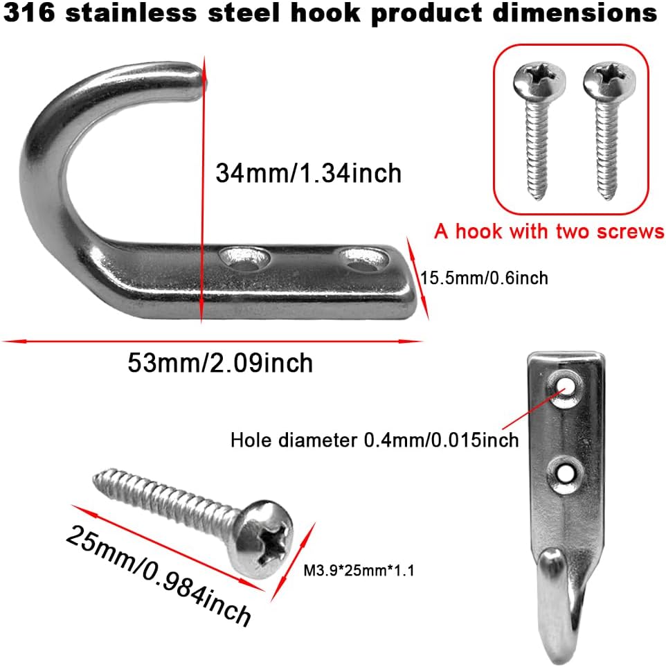 Heavy 316 Duty Stainless Steel J-Type Wall Hooks, Marine Grade Wall Hanger Key Hook for Wall Mounted Clothing Coat Outdoor Kitchen Garage Utility Hanging Wardrobe Storage Screw Utility,6PCS