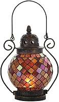 Lily's Home Mosaic Glass Candle Lantern - Orange Gold Hanging Tea Light Holder for Indoor Outdoor Decor
