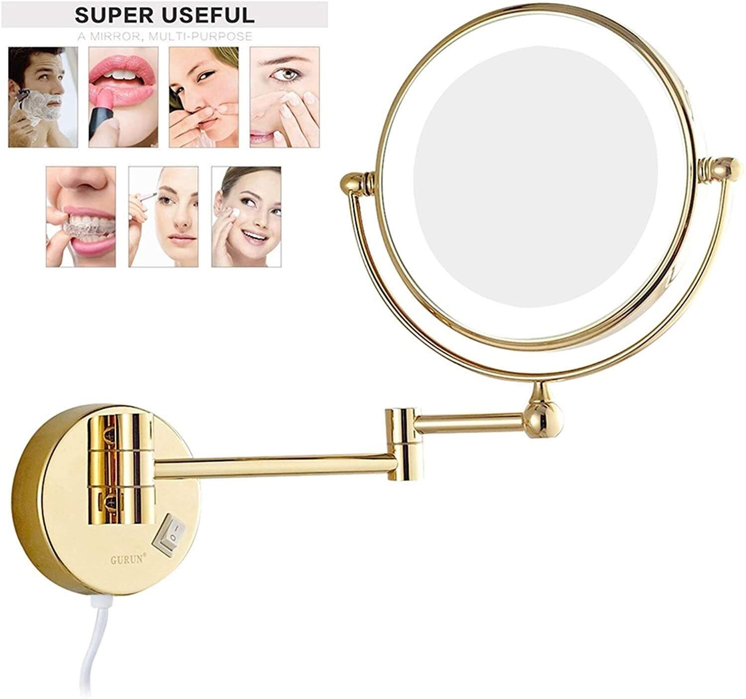 SHAUNI Espejo de Aumento de Doble Cara con luz LED, Espejo de Afeitar Extensible montado en la Pared for baño con Enchufe de Interruptor
