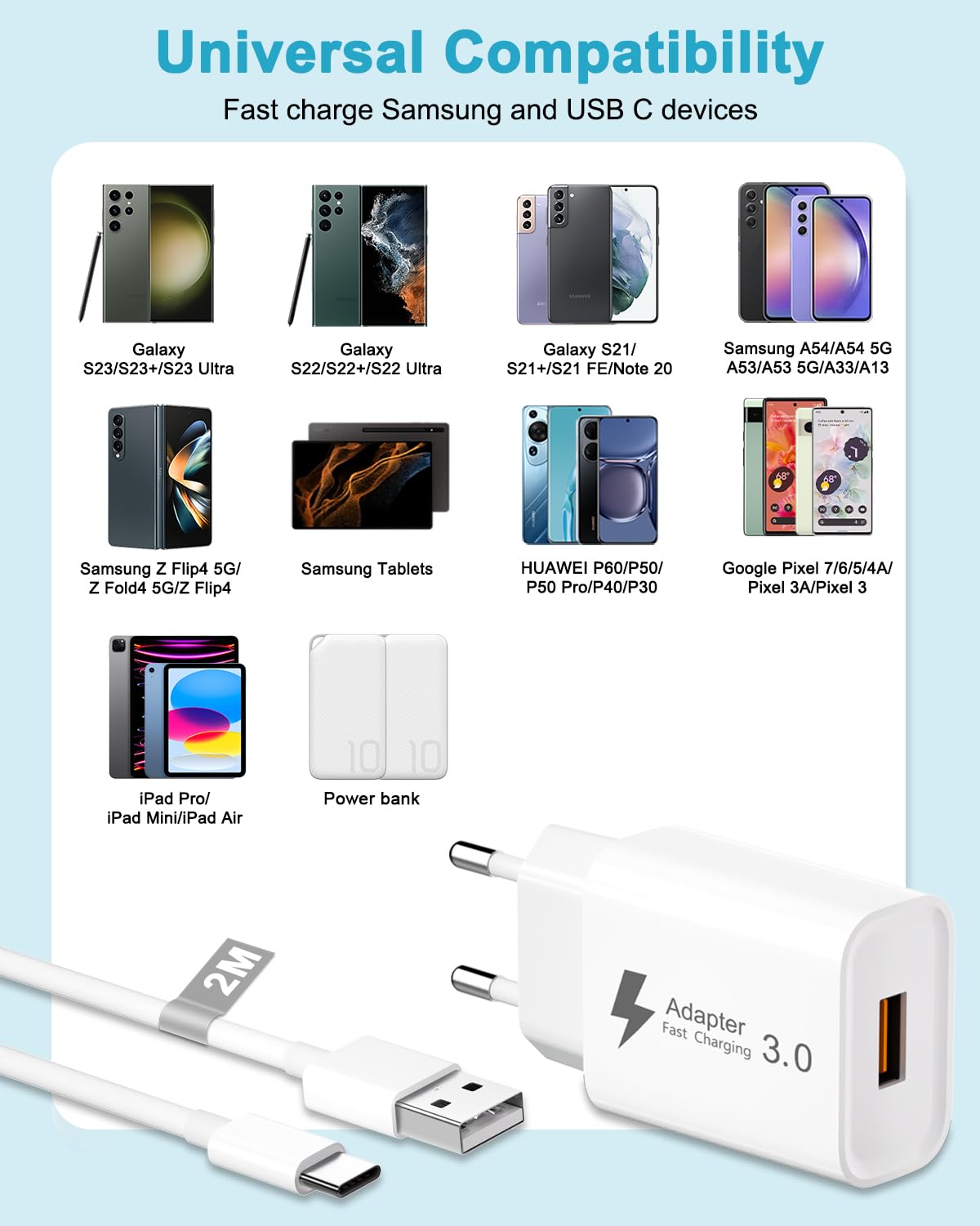 Ładowarka USB z kablem ładującym USB C 2M, 18W Zasilacz USB Wtyczka USB z szybkim ładowaniem Quick Charge 3.0 Gniazdo USB Ładowarka do telefonów komórkowych Samsung Galaxy S23 S22 S21 S20 S10 S9 5G