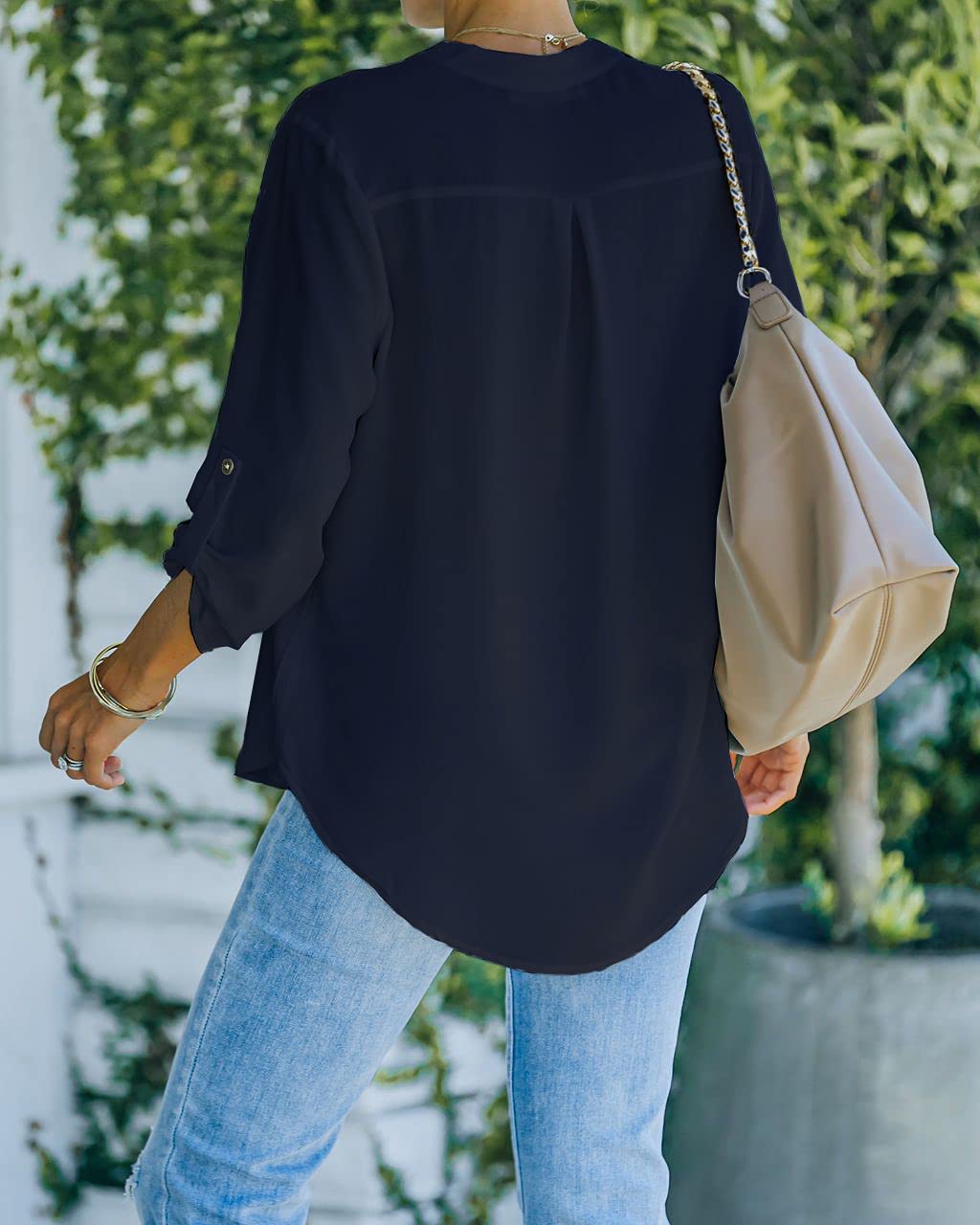 NONSAR Camicetta da donna Henley, elegante, con scollo a V, maniche arrotolabili, in stile casual