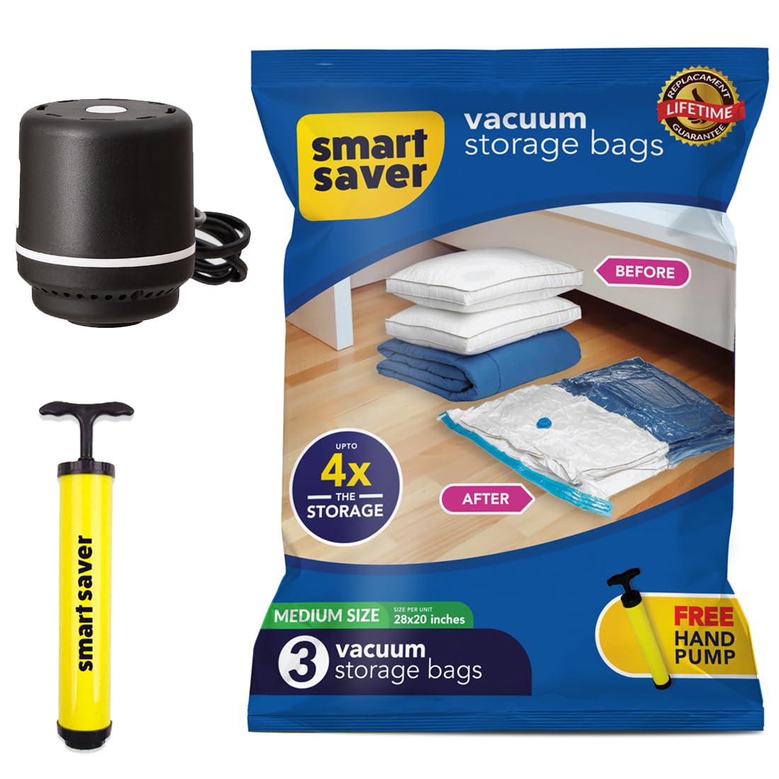 - Smart Saver Plastic Vacuum Compression Bags|Vacuum Storage Bags|Vacuum Bags For Travel|Space Saver Vacuum Bags(3Medium + Electric And Manual Pump),White