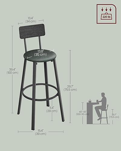 Miniatura 3 de VASAGLE Taburetes de bar, juego de 2 taburetes de desayuno tapizados de poliuretano, taburetes de bar de 29.7 pulgadas con respaldo y reposapiés,