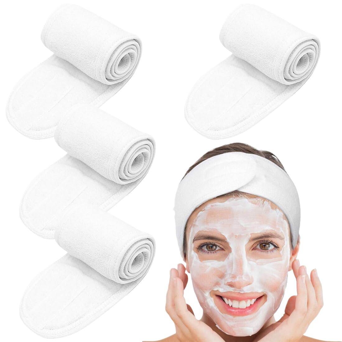 4 Piezas Diadema de Maquillaje Cinta Pelo Maquillaje Mujer Ajustable Diadema Maquillaje para Lavado de Cara,Spa, Belleza (Blanco)