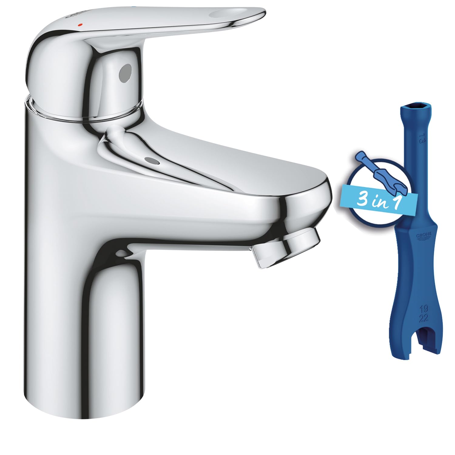 GROHE Swift, Waschtischarmatur, wassersparend (Wasserhahn für das Bad, mit versenkbarer Kette, 16cm hoch, mit 3in1 Werkzeug, einfache Installation am Waschbecken), chrom, 24317001