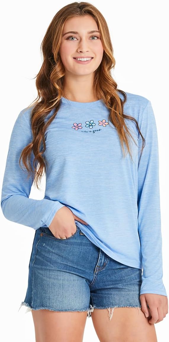 Life is Good. Women's Tie Dye Spatter Three Daisies LS Sun Crusher Tee, Cornflower Blue, XX-Large