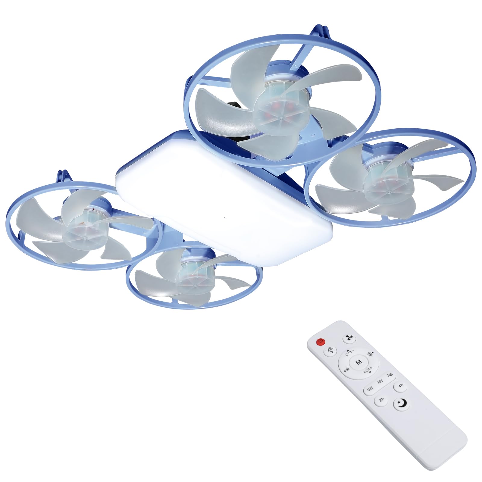 OEHUG Ceiling Fan with Lights,50W E27 Ceiling Fan Light with Remote,2026 New 4 Heads Drone Ceiling Fans LED,3 Speeds Light Dimmable,2H/4H Timer,Ceiling Fan with Light for Bedroom,Kitchen (Blue)