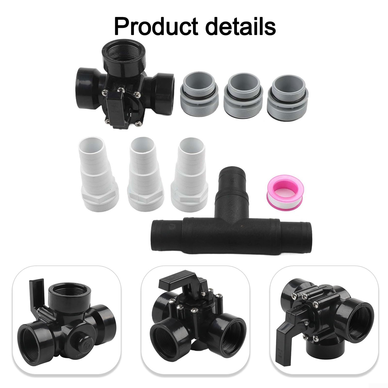 Kit de válvula desviadora de piscina de 3 vías de 1.5 pulgadas, adaptador de manguera ABS de 9 piezas para bombas sobre el suelo y controles de flujo con juntas tóricas y abrazaderas, blanco y negro