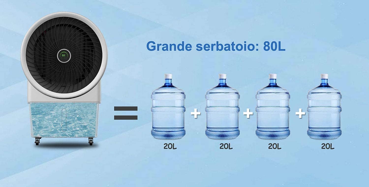 Moel Raffrescatore Ventilatore per Grandi Ambienti con Ghiaccio o Acqua 250W 9100 Turbo Cooler
