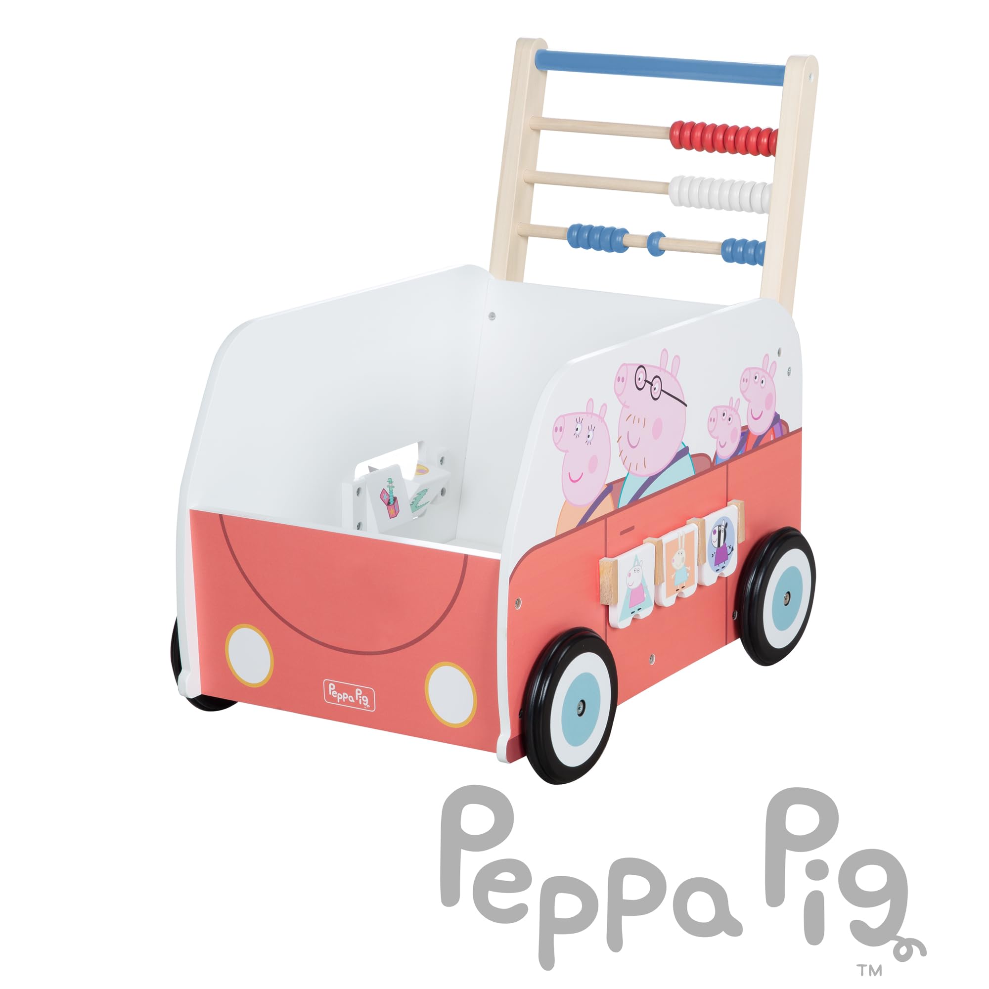 roba Carrello Giocattolo a Spinta Bully Peppa Pig - con Abaco e Ruote - per Imparare a Camminare - Primi Passi - Regalo Compleanno, Natale, Pasqua - Legno Laccato Bianco/Rosa