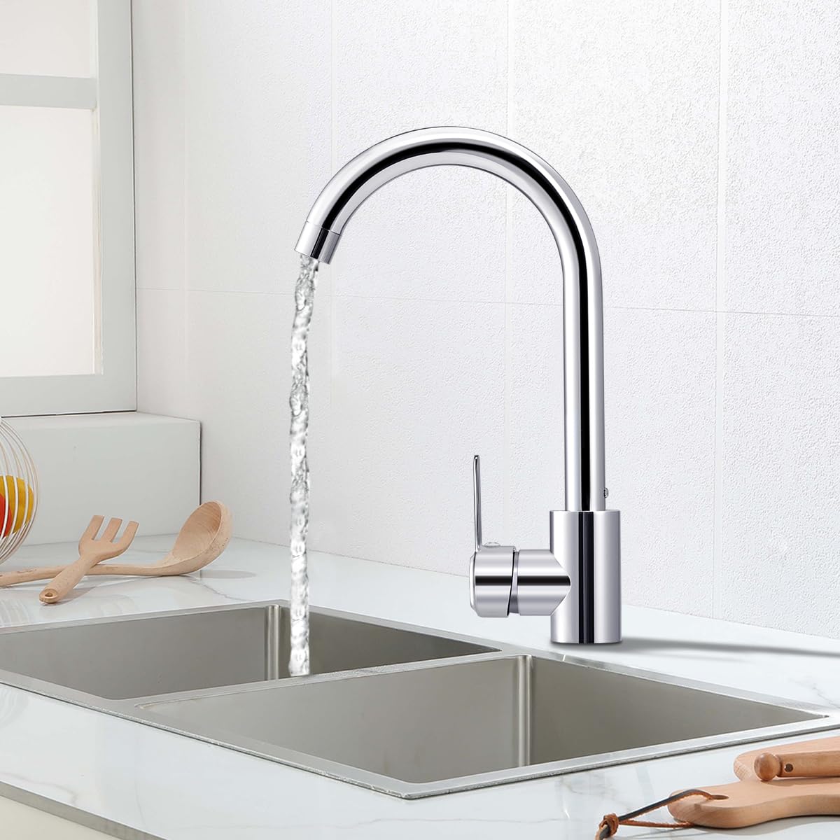 Hanstore Kitchen Sink Mixer Tap with Hoses, Modern Stainless Steel 360° Monobloc Single Lever Swivel Spout - Image 4