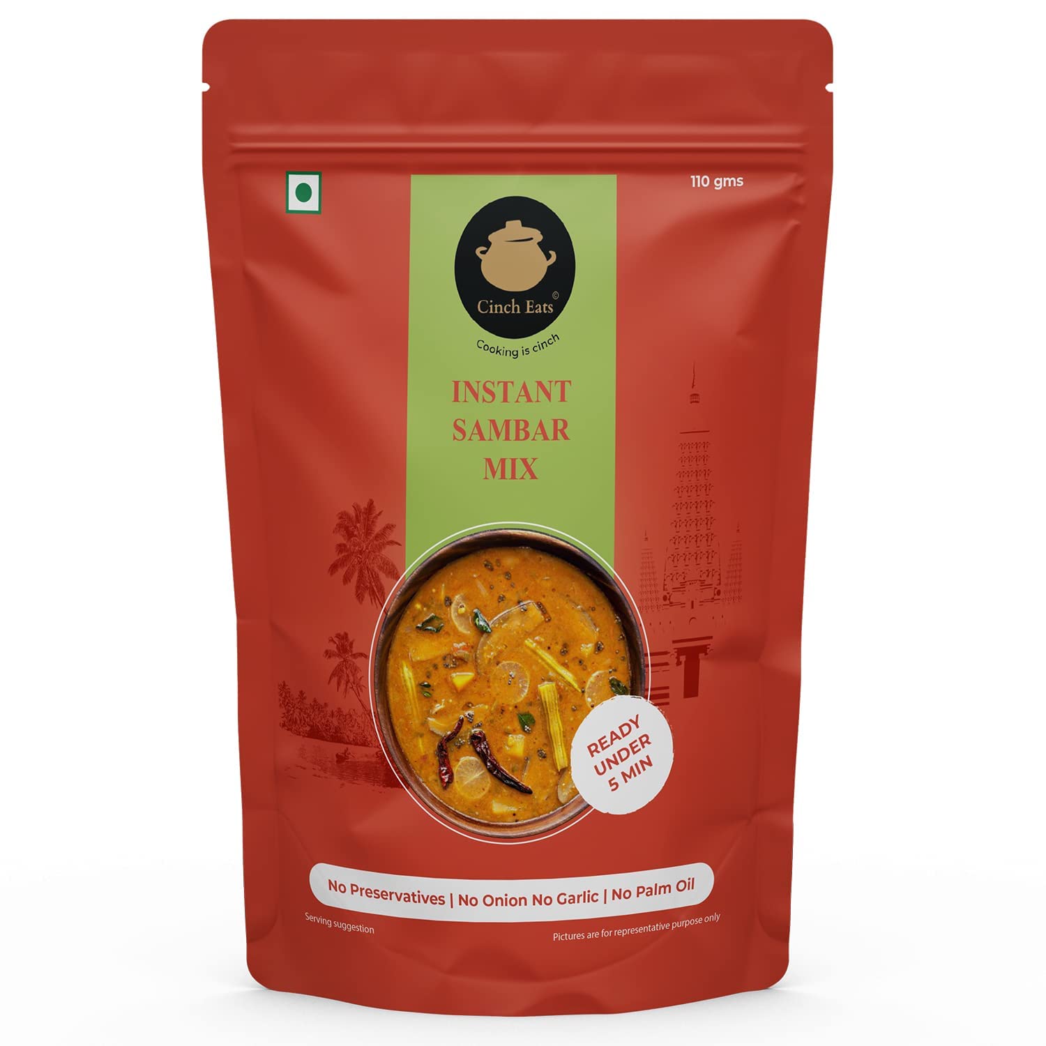 Cinch Eats (Since 1996) Instant Sambar Powder Just Add Oil, Ready Under 5 Min | Tasty Ready To Eat Sambar Mix No Garlic & Onion | No Artificial Colors/Flavours & No Preservatives (110g) (B0CRBFY5DS) Amazon Price History, Amazon Price Tracker