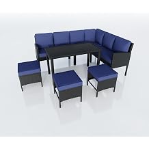 7 Pieces Outdoor Dining Set, Wicker Conversation Patio Furniture with Glass Table, L-Shaped PE Rattan Sectional Sofa Seating with Ottomans for Outside, Backyard, Balcony, Garden, Blue Cushions