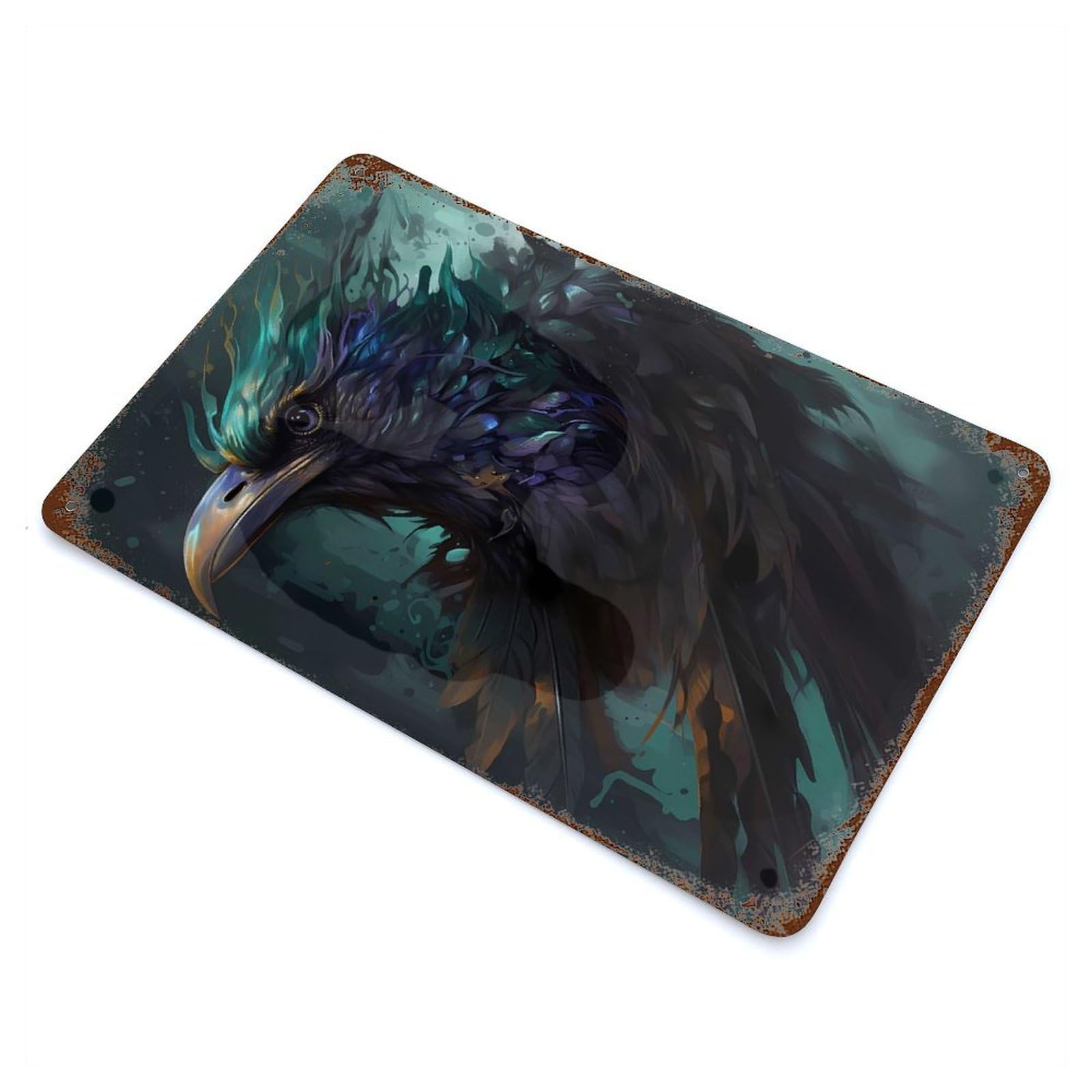Rust Effect Tin Sign with Raven Mythical Design 11.8"x7.9", for Pub, Kitchen And Man Cave Decor, Industrial Home Decor