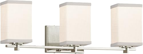 Justice Design Group Lighting FAB-8443-15-WHTE-NCKL Textile Era - Barra de baño de 3 luces, nĂquel cepillado Justice Design Group Lighting FAB-8443-15-WHTE-NCKL Textile Era - Barra de baño de 3 luces, nĂquel cepillado