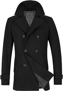 Men's Wool Blend Double Breasted Pea Coat Classic Notched Collar Warm Woolen Coats Winter Outwear Jackets