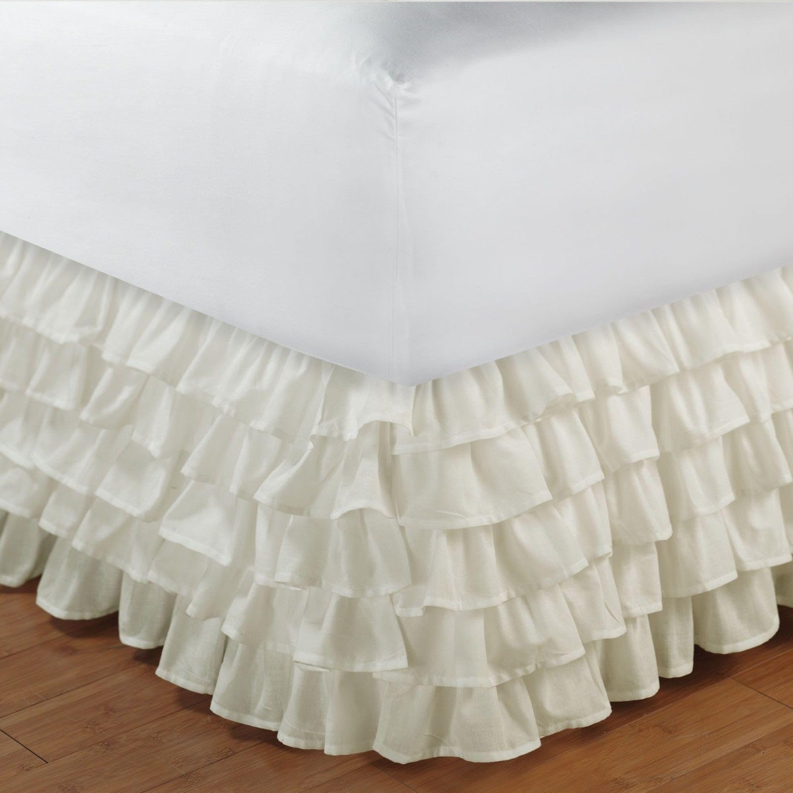 Surwin Pleated Bed Valance Sheet Single Double King, Princess Bed Base Wrap Extra Deep Frilled Fitted White Valance Sheet Easy Care Bed Skirt Soft Microfibre Breathable (200x200x45cm,Beige white)