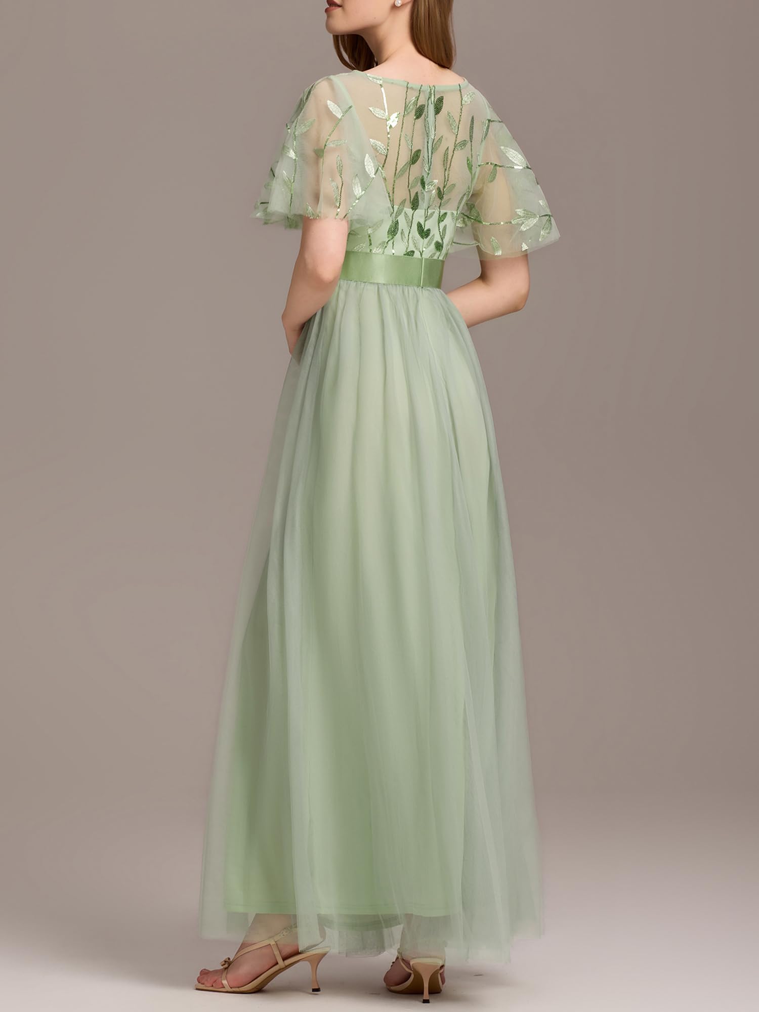 Ever-Pretty Robe de Soirée pour Mariage Demoiselle d'honneur Manches Courtes Taille Empire A-Line Tulle Longue Femme 00904