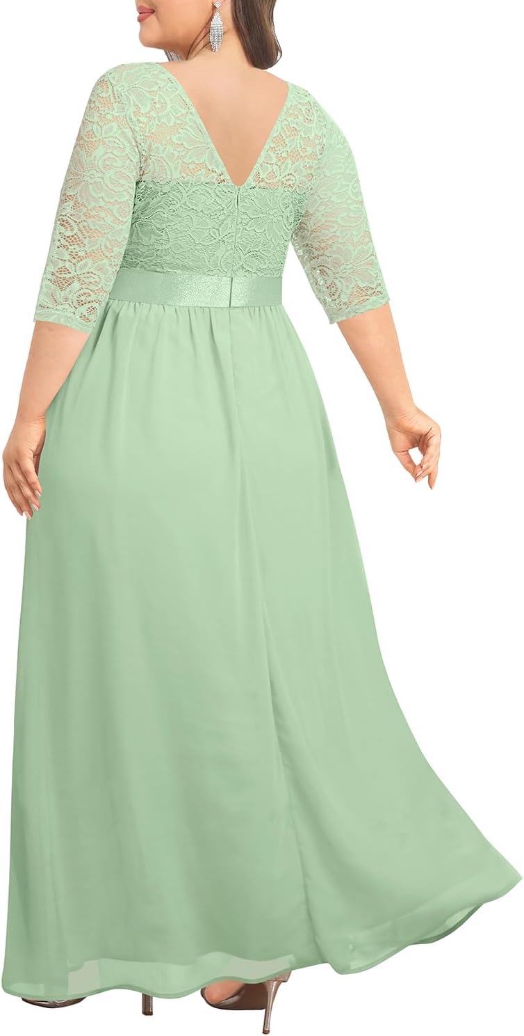 Plus Size Formal Dresses - Women Evening Gown Lace 3/4 Sleeve Wedding Bridesmaid Chiffon Maxi Long Dress