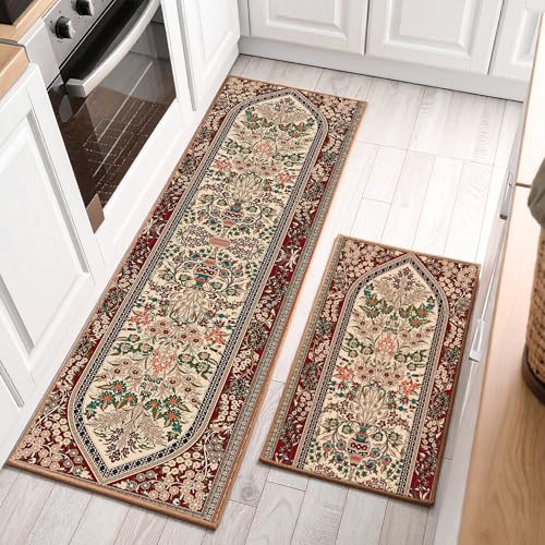 Image of ishro home Engineered Polyester Retro Series Premium Kitchen mats for Floor Anti Slip | Machine Washable | 2 Pcs Kitchen mat | 18''x54 & 18''x28'' | (Medallion Retro)