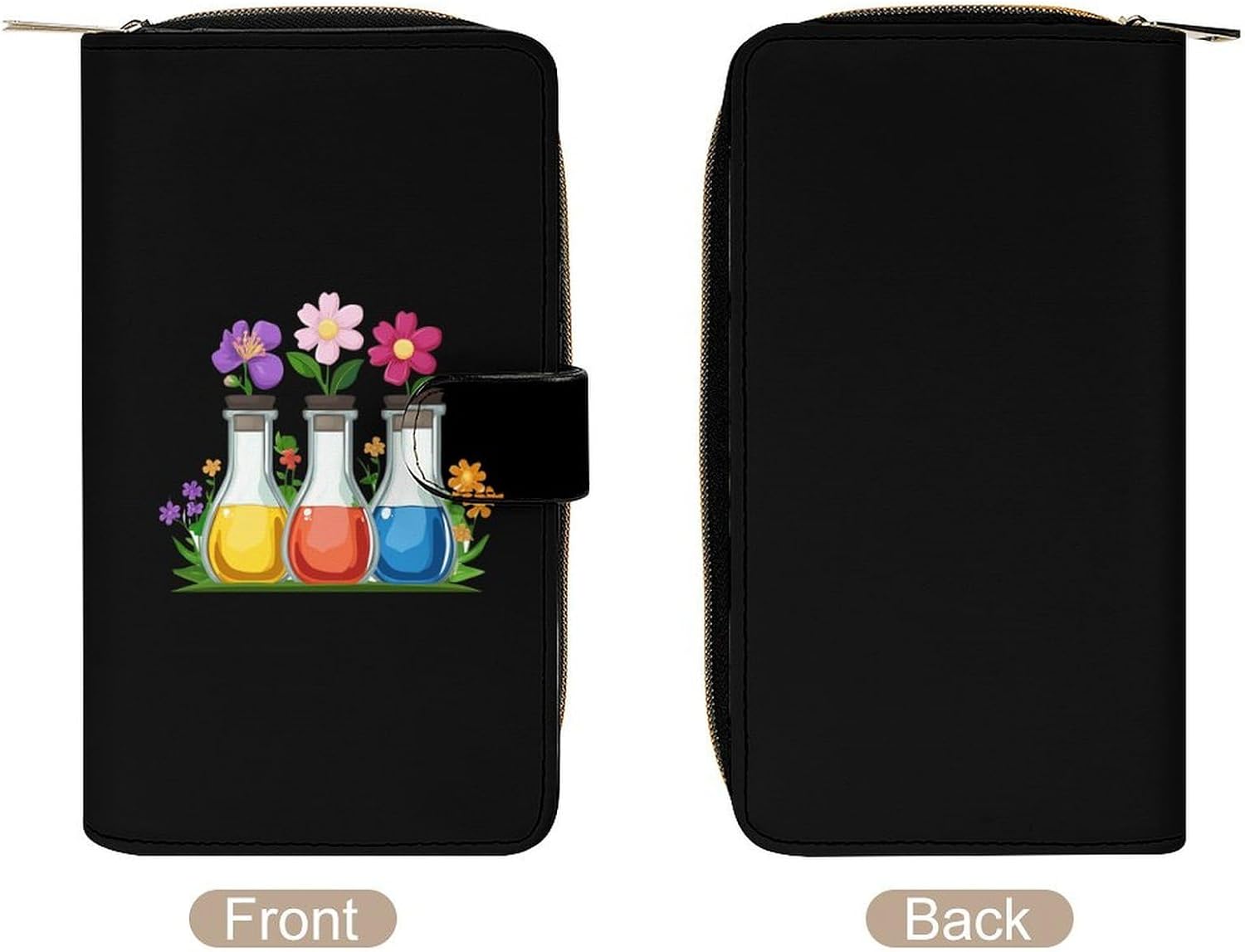 Floral Beakers Chemistry Lab Scientist Women's Long Wallet Leather Large Capacity Wristlet Clutch Purse Wallets