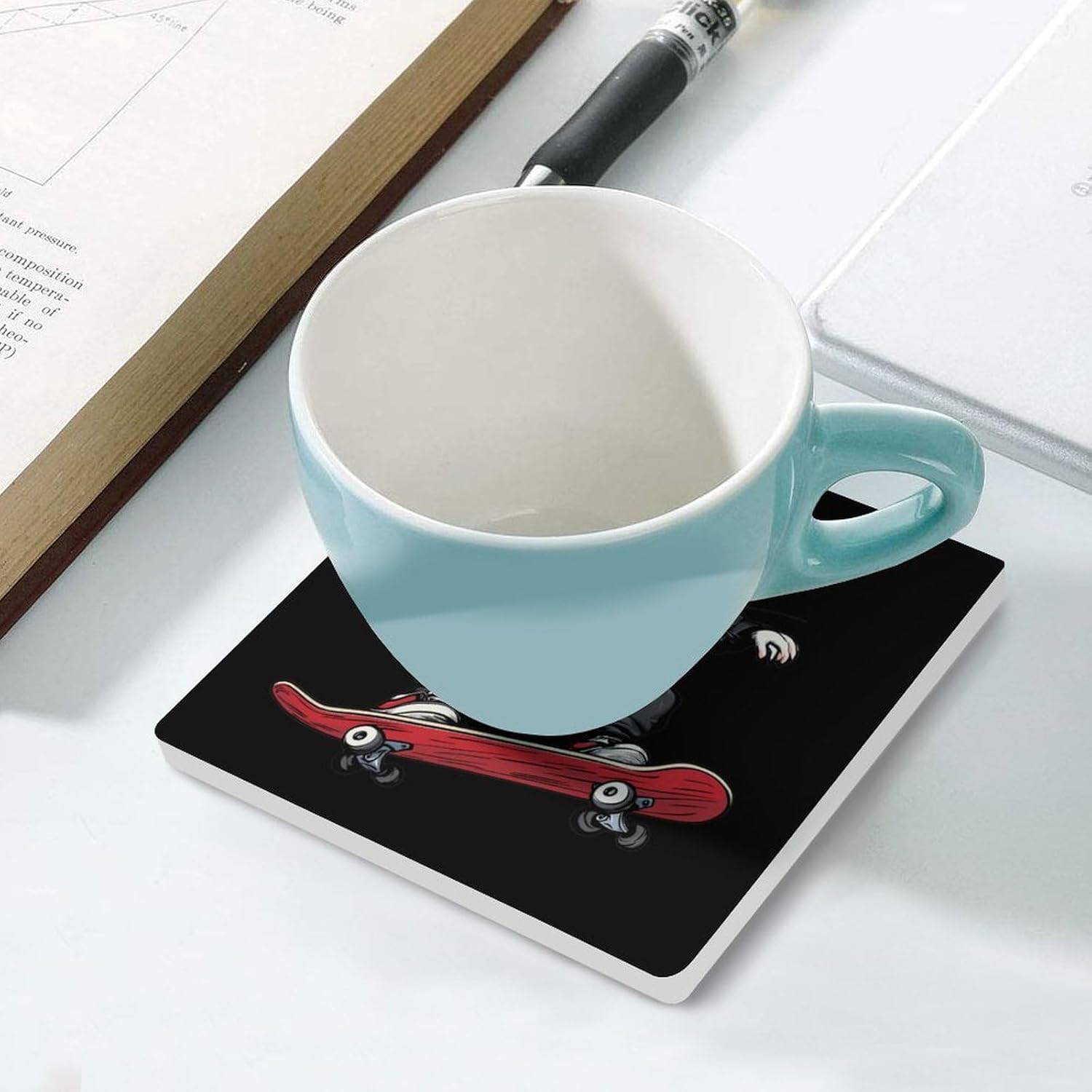 Opossum Skateboard Possum Skater Coasters for Drinks Square Table Coasters Set Cup Mats with Cork Base